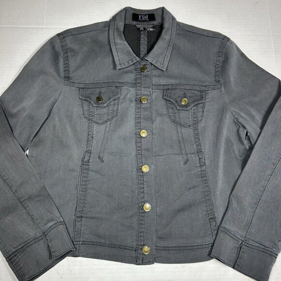 FDJ French Dressing Women Gray Jean Jacket Size XL Gold Button Front Stretch EUC - Picture 3 of 7